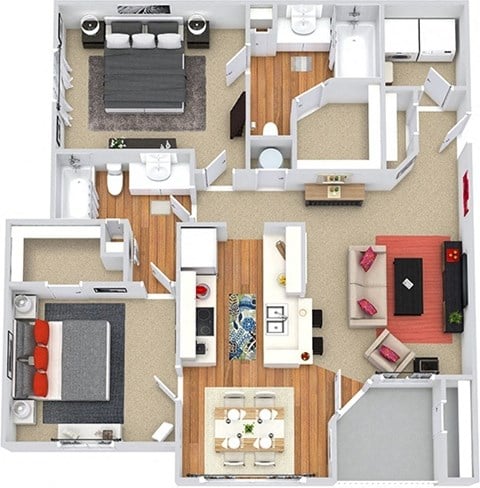 Floor plan for 2 beds, 2 baths, 1086 sqft